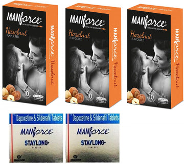 Manforce Extra Dotted Condom (Hazelnut FLAVOURD)(10cond) (pack of 3) & STAYLONG TAB (PACK OF 2) COMBO PACK