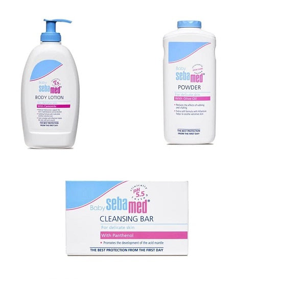 Sebamed Baby Powder, 200g & Baby Lotion, 400ml & Baby Cleansing Bar - 100 g Combo
