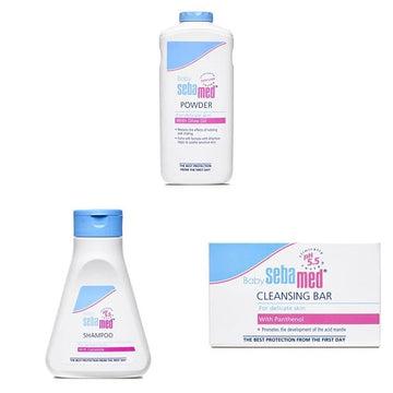 Sebamed baby powder, 200g & baby cleansing bar - 100g & baby (children) shampoo 150ml combo