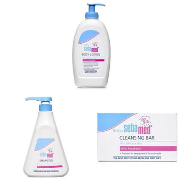 Sebamed Baby Lotion, 400ml & Baby Cleansing Bar - 100 g & Childrens' Shampoo, 500ml Combo