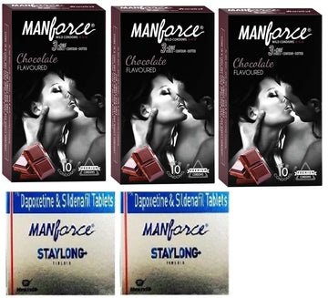 Manforce Wild Condom Chocolate FLAVOURD(10cond) (pack of 3) & STAYLONG TAB (PACK OF 2) COMBO PACK